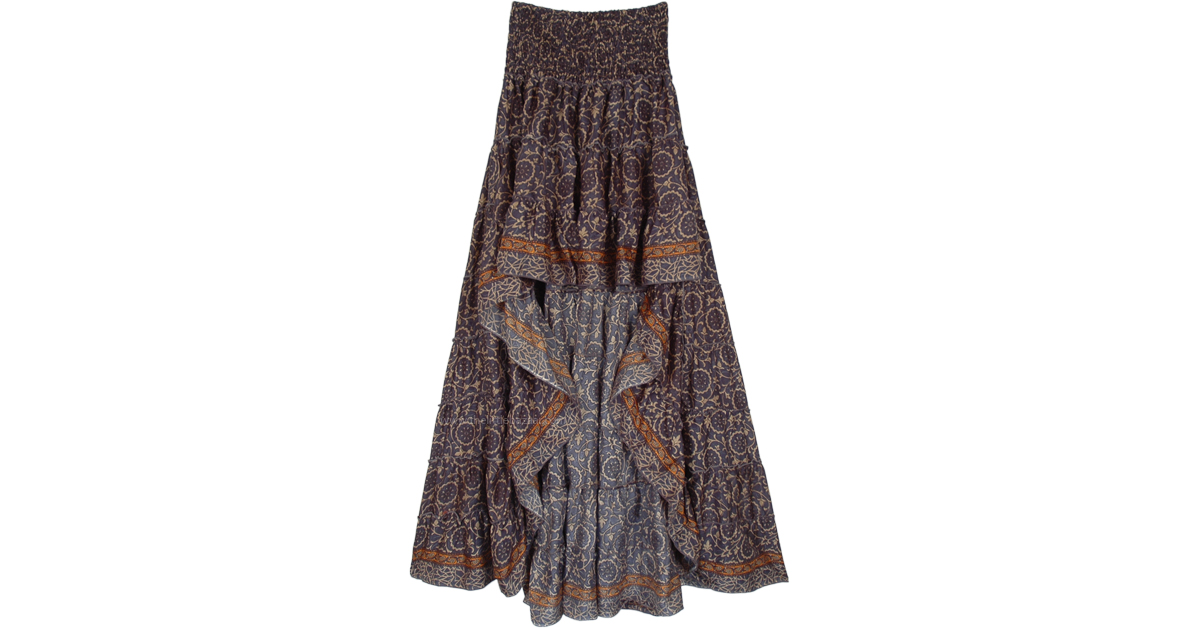 Bohemian High Low Flowy Skirt with Tiers and Smocking Waist | Blue ...