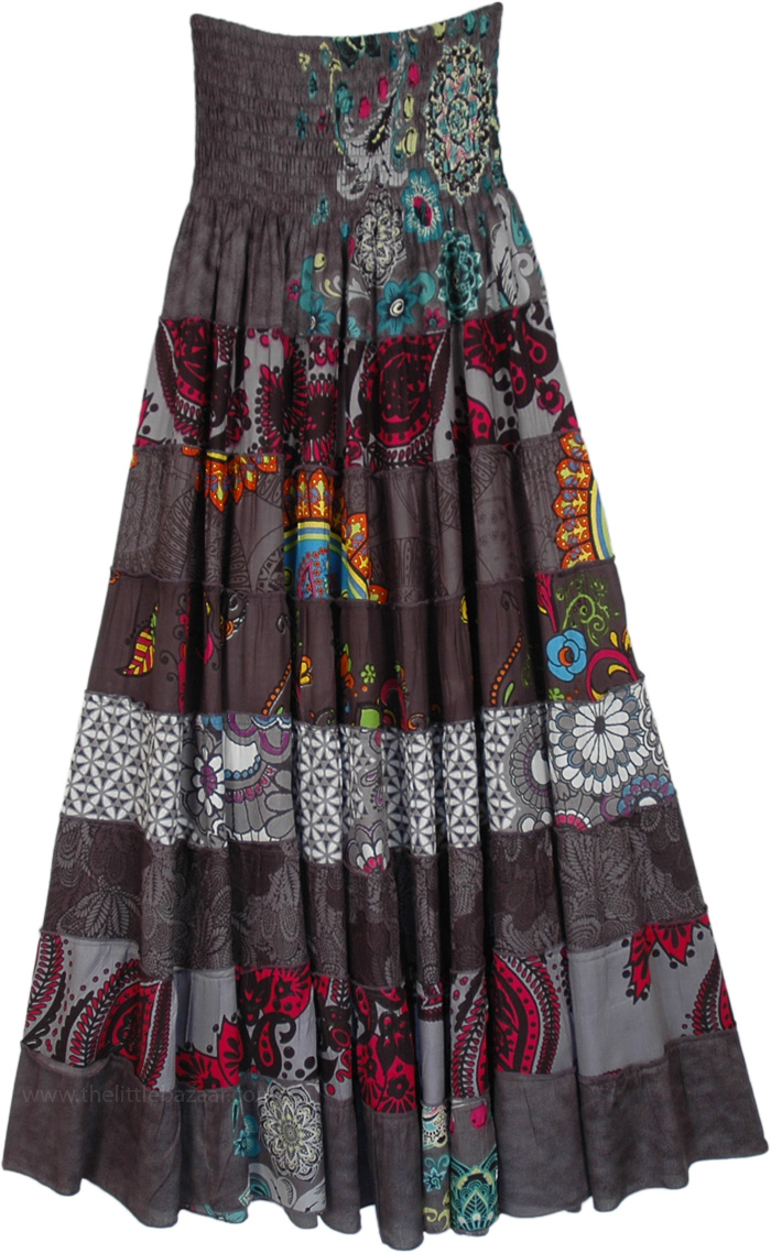 Passionate Grey Toned Tiered Skirt with Smocking Waist, Gorgeous Grey Berry Mix Tiered Skirt Dress with Smocked Waist