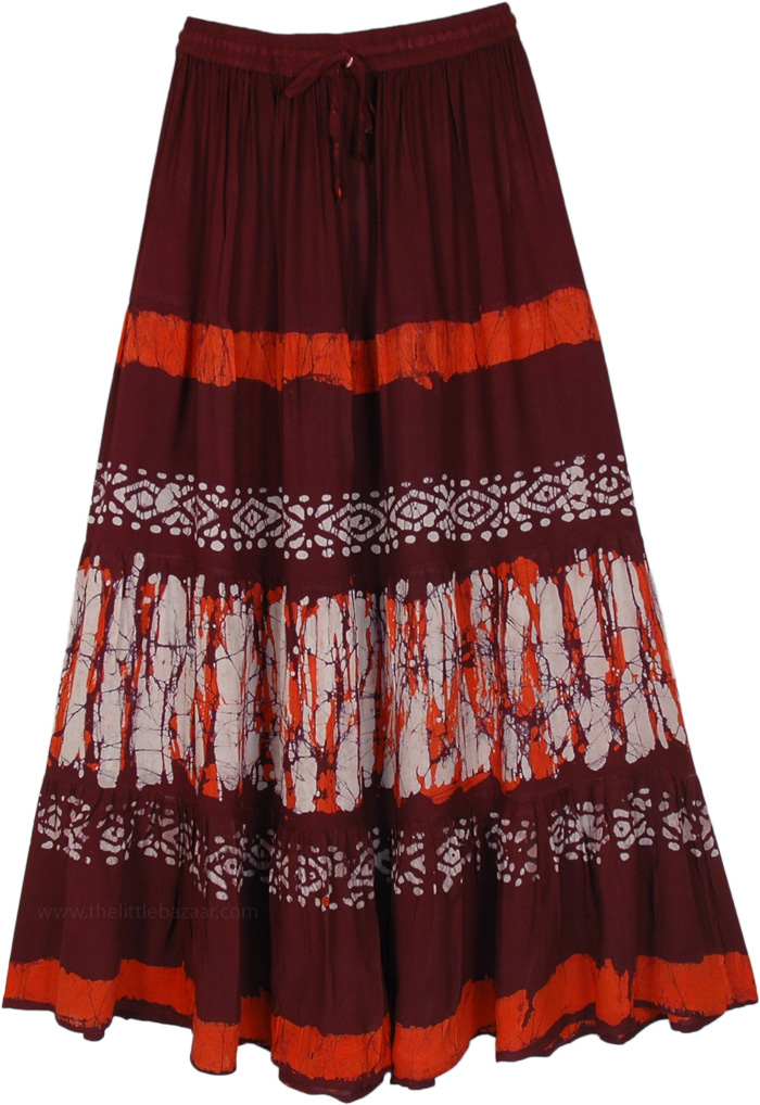Brown Long Bohemian Printed Tiered Skirt, Batik Printed Rayon Long Skirt in Brown