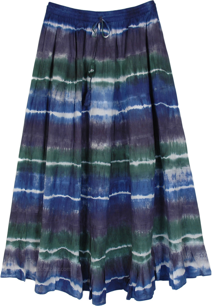 Casual Chic Tie Dye Pattern Long Skirt in Blue, Green and Purple, Night Mist Tie Dyed Long Skirt