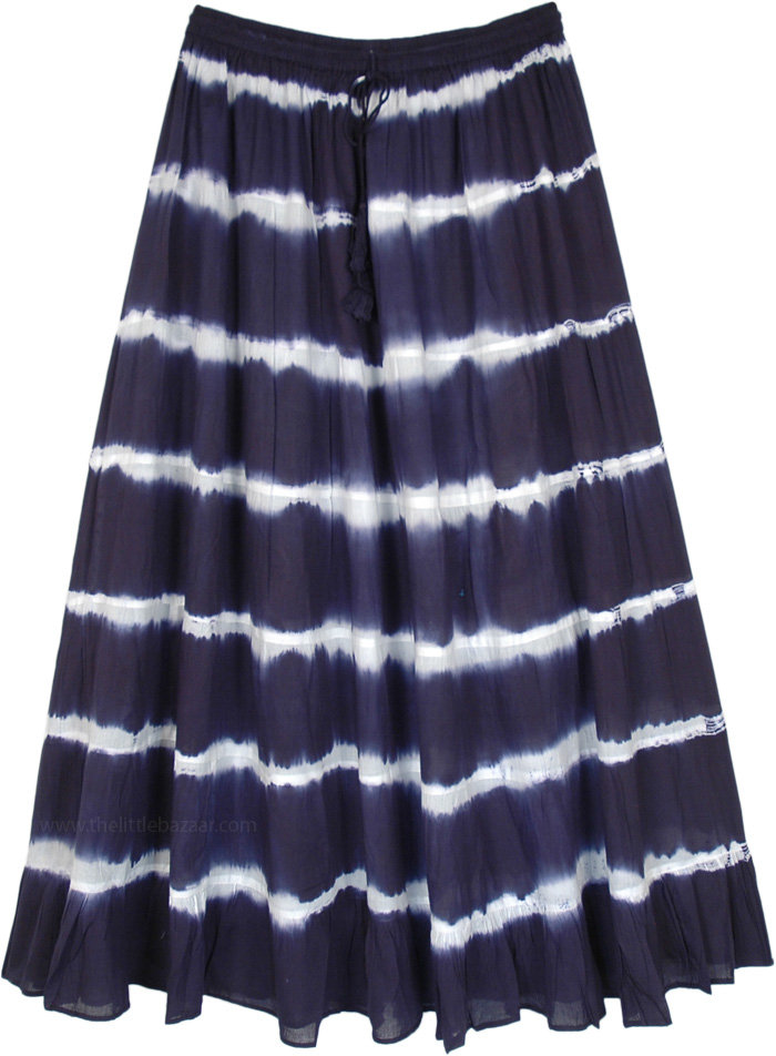 Casual Tie Dye Pattern Long Skirt in Ink Blue, ink Blue Summer Waves Tie Dyed Long Cotton Skirt
