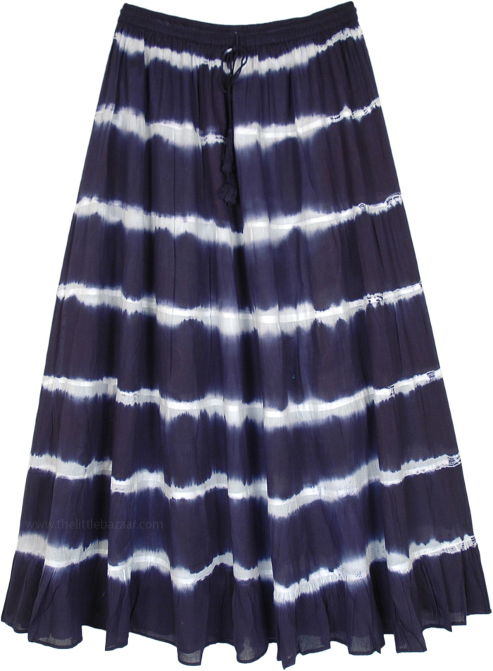 ink Blue Summer Waves Tie Dyed Long Cotton Skirt