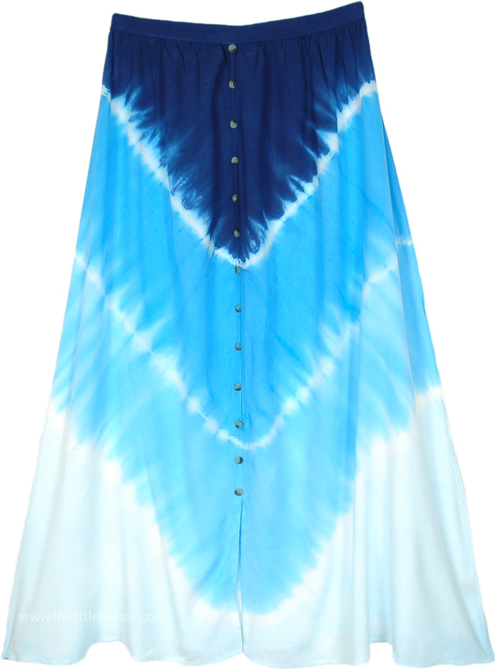 Blue Waves Tie Dye Button Front Long Skirt