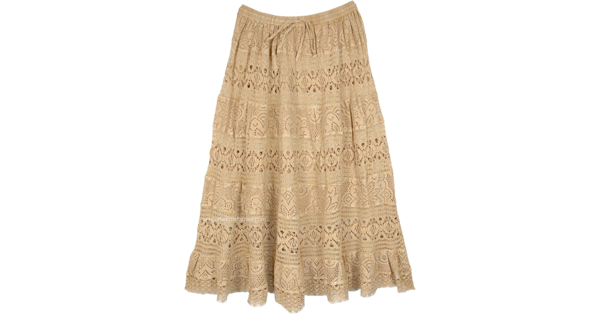 Enticing Floral Lace Classic Long Skirt in Beige | Beige | Lace, Tiered ...