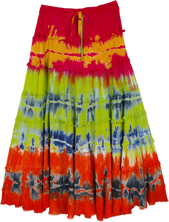 Casual Tie Dye Rayon Skirt in Vibrant Orange and Green, Exotic Island Vibrant Tie Dye Tiered Rayon Skirt