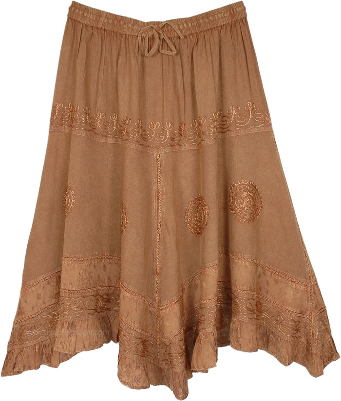 Desert Dusk Skirt with Floral Embroidered Motifs, Bronze Beauty Embroidered Skirt with Handkerchief Hem