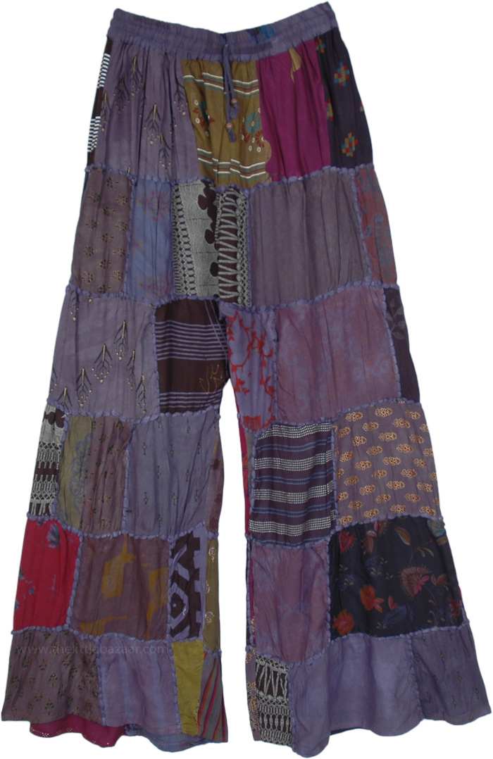 Deep Mauve Hippie Patchwork Wide Leg Rayon Pants
