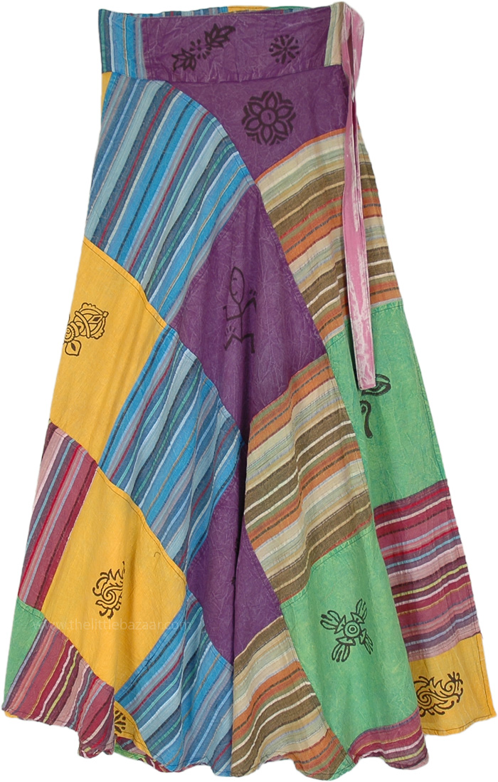 Trendy Woven Cotton Striped and Stonewashed Patchwork Wrap Skirt, Stonewashed Colorful Cotton Patchwork Wrap Skirt with Symbols