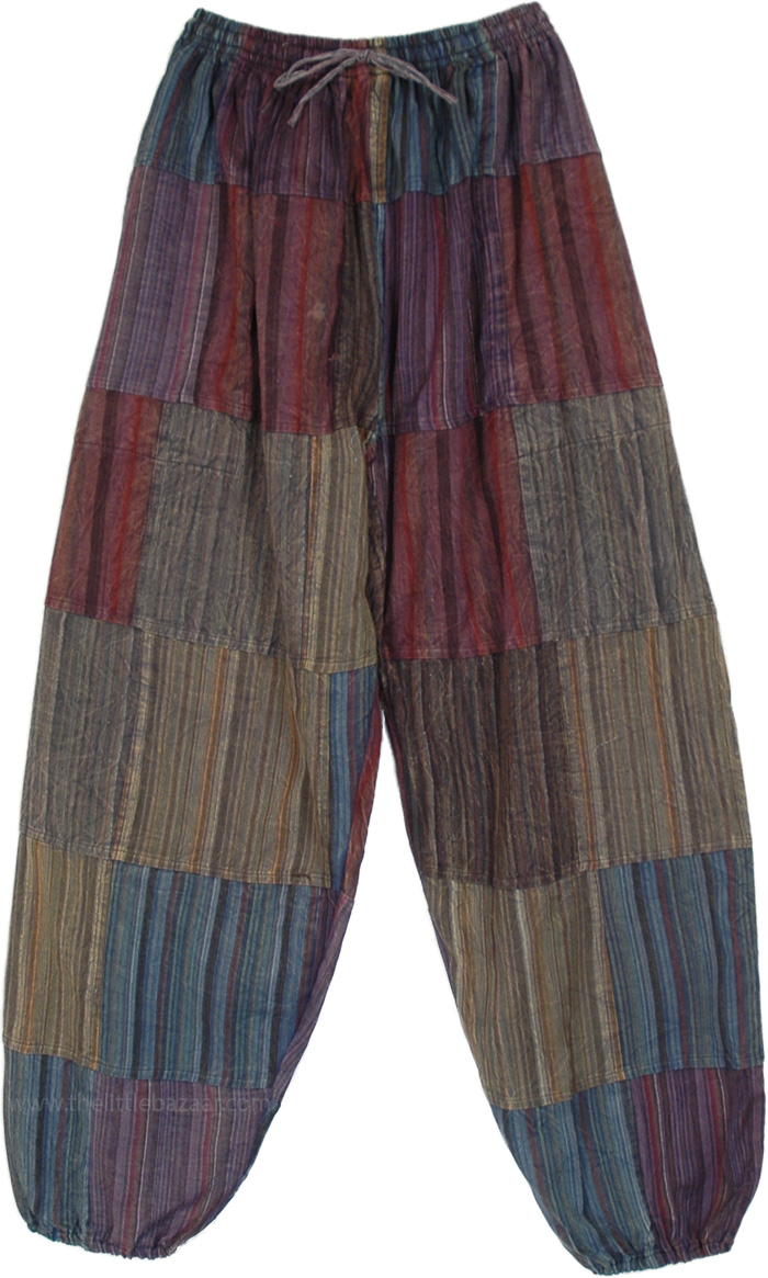 Stonewashed Cotton Striped Patchwork Pants, Arabian Nights Striped Patchwork Harem Pants