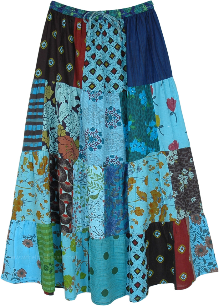 Mixed Abstract Blue Patchwork Long Summer Hippie Skirt, Blue Haze Multi Print Patchwork Cotton Skirt