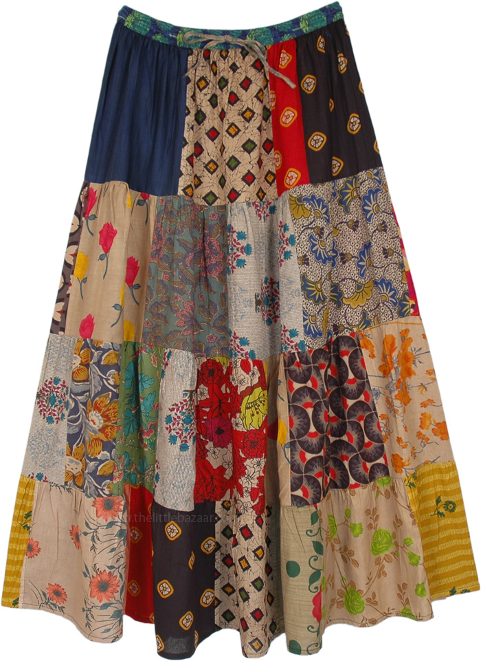Multi Print Patchwork Cotton Maxi Skirt in Beige Tone