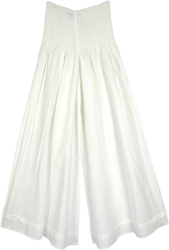Full Flared Lightweight Cotton Pants in Ivory White, Pigeon White Wide Leg Pants in Light Cotton with Smocked Waist