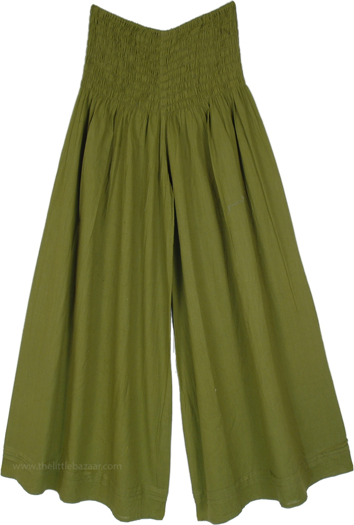 Full Flared Light Weight Cotton Pants in Olive Green , Light Cotton Military Green Wide Leg Pants