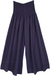 Navy Blue Wide Leg Cotton Pants with Smocked Waist