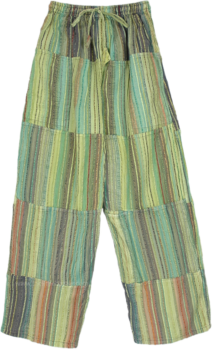 Breathable Unisex Trousers Pants in Green Cotton, Coral Striped Hippie Unisex Pants in Tinted Green