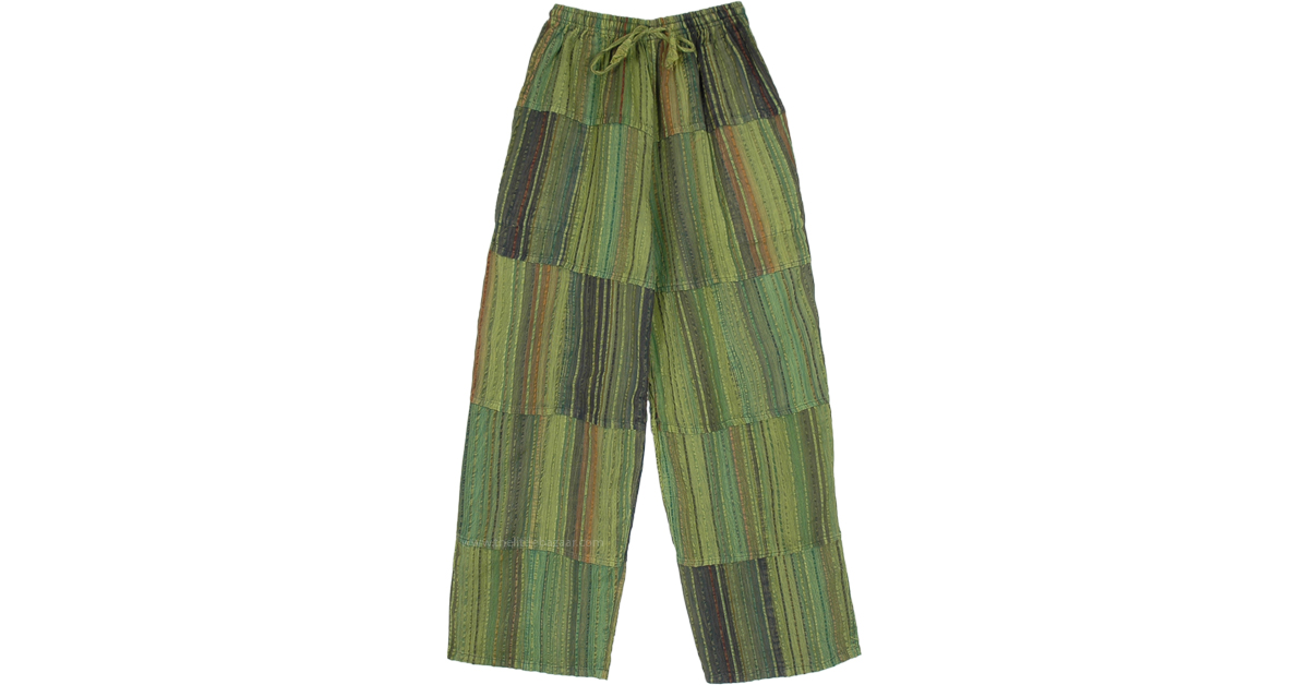 Seaweed Striped Bohemian Cotton Unisex Pants in Shaded Green, Green