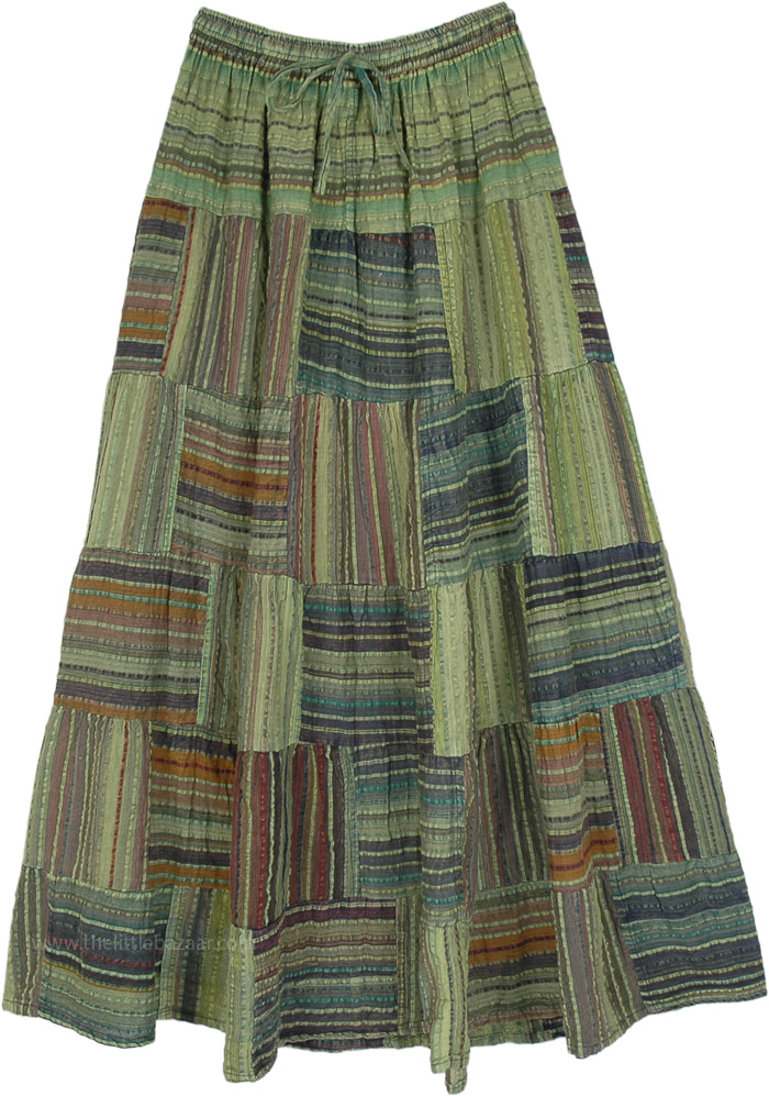 Raddish Stripes Cotton Patchwork Skirt in Olive Green | Green ...
