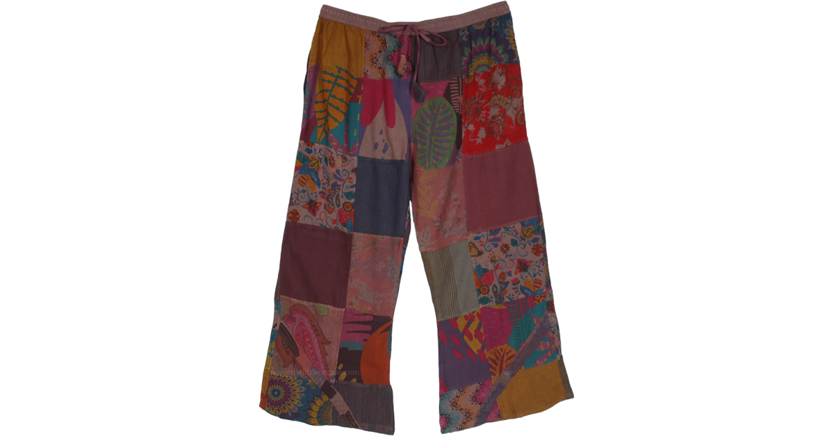 Plus Size Earthern Patchwork Cotton Pants with Side Pockets