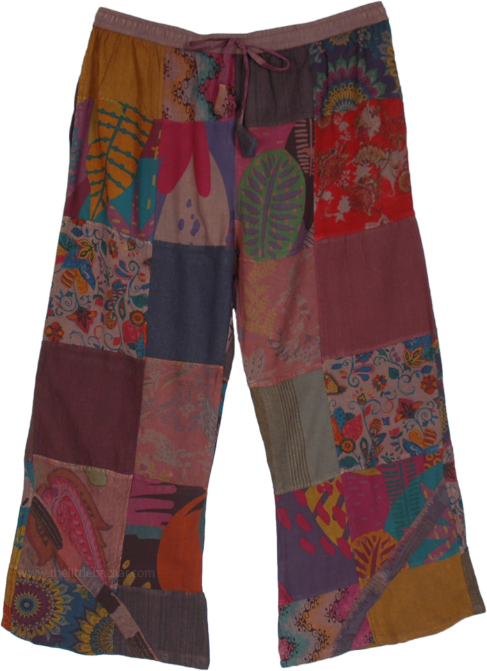 XL Plus Bohemian Trousers Cotton Patchwork Deep Earthen Tones, Plus Size Earthern Patchwork Cotton Pants with Side Pockets