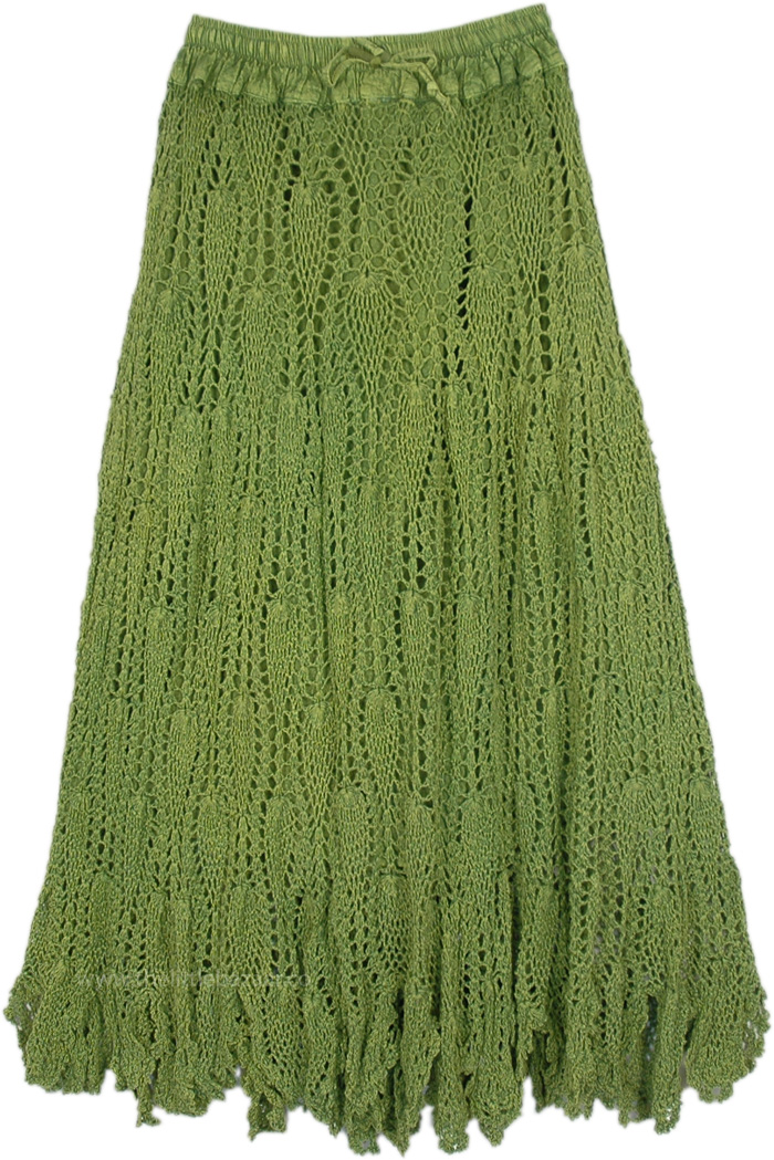 Jade Green All Over Crochet Pattern Knit Skirt , Moss Military Green Hand Knit Crochet Long Skirt
