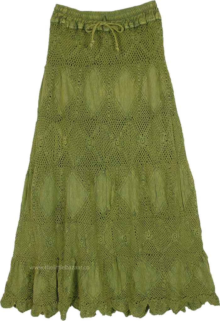 Olive Military Green Crochet Patchwork Hippie Skirt