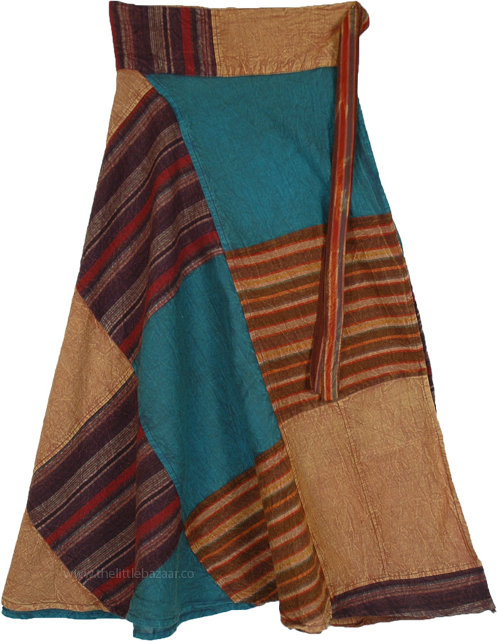 Trendy Woven Cotton Diagonal Striped Patchwork Wrap Skirt, Solid N Stripes Nature Bohemian Cotton Wrap Skirt