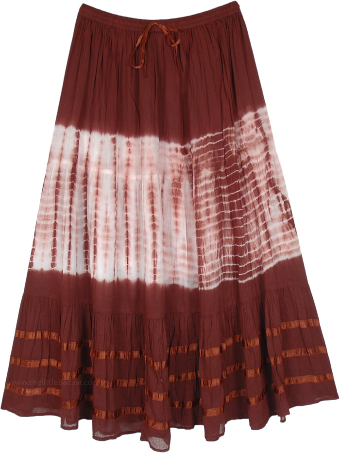 Brown and White Tie Dye Indian Skirt with Ribbons, Cinnamon Brown Cotton Skirt with Tie Dye and Ribbon Details