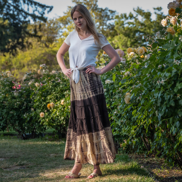 Woody Brown Tie Dyed Tiered Cotton Maxi Skirt