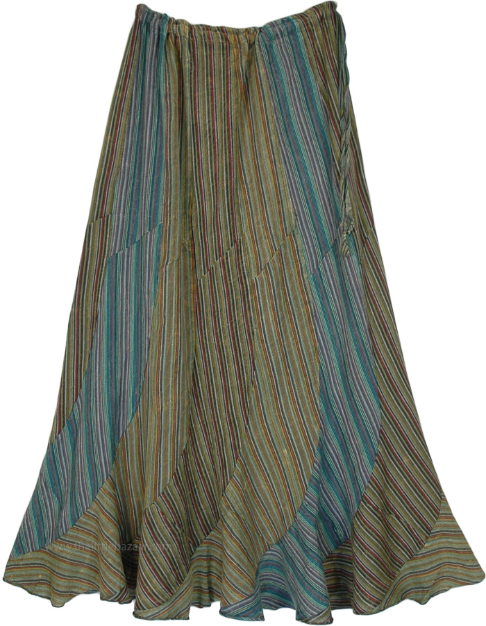 Cool Toned Striped Cotton Long Skirt with Elastic Waist, Mermaid Of The Sea Spiral Cut Long Skirt with Drawstring