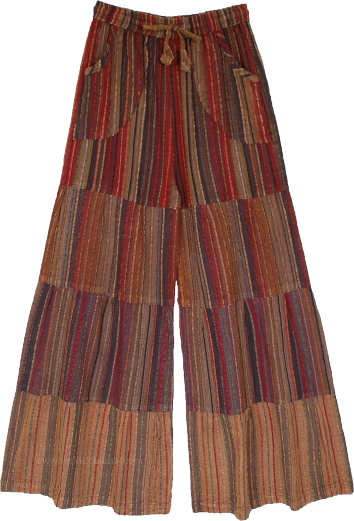 Gypsy Summer Fun Cotton Pull On Pants in Warm Tones, Desert Sunrise Wide Leg Pants with Pockets