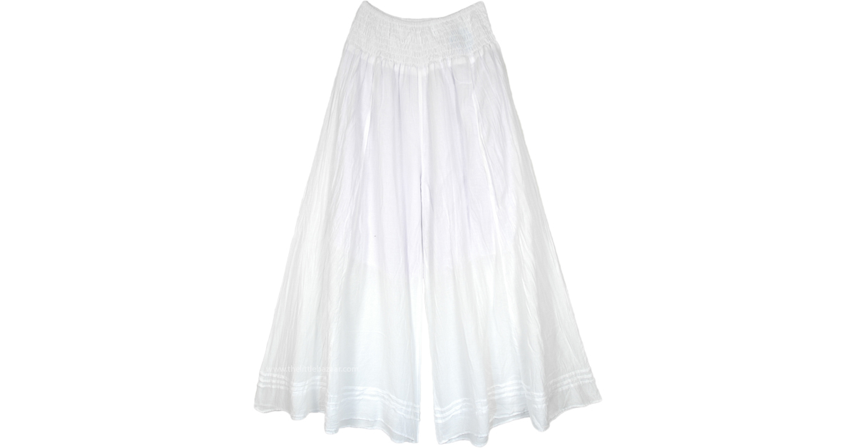 Bloomy White Wide Leg Palazzo Pants with Shirred Waist | White | Split ...