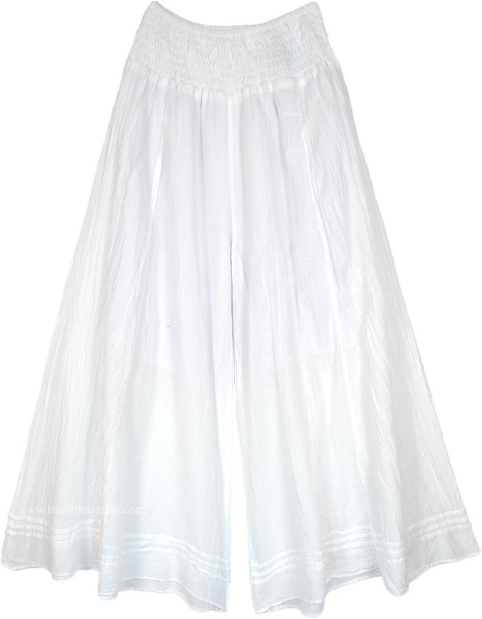 Full Flared White Palazzo Pants with Pin Tucks at Bottom, Bloomy White Wide Leg Palazzo Pants with Shirred Waist