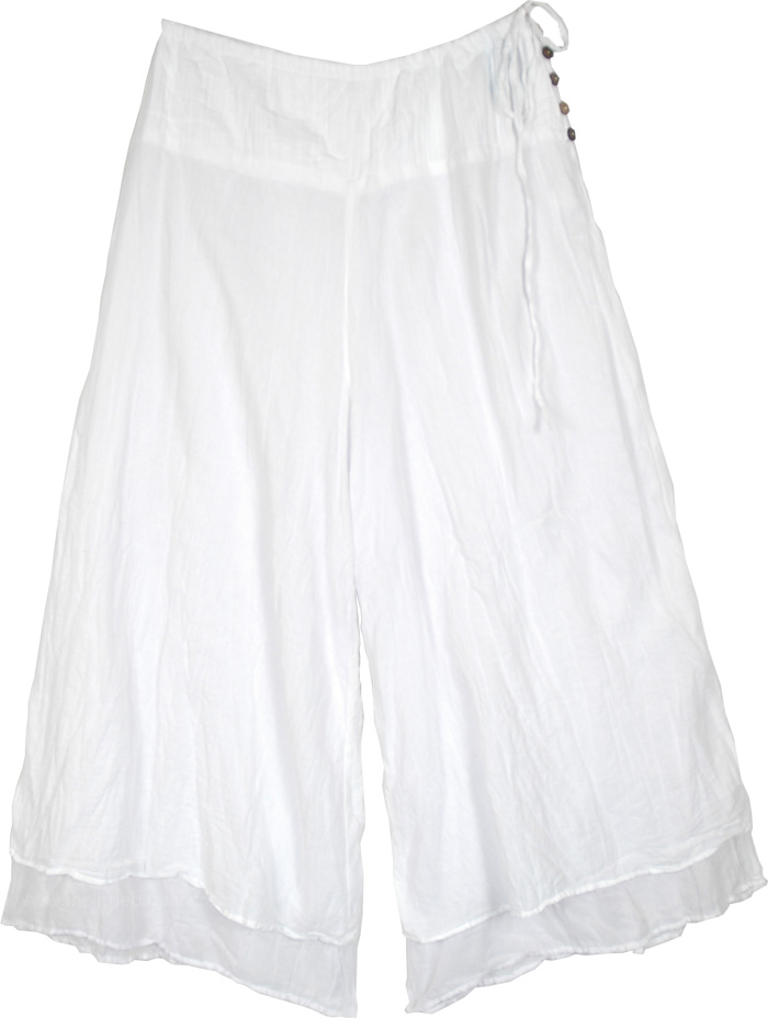 Chic and Elegant Loose Pants with Button Accents, Chamomile Dreams White Cotton Wide Leg Pants
