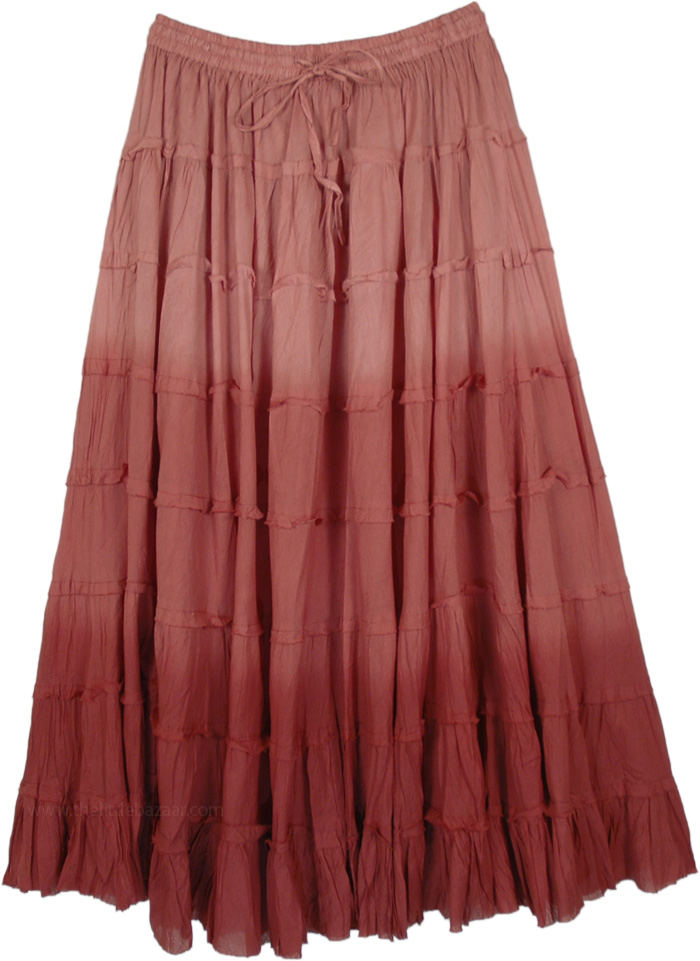Brown Maroon Tiered Summer Long Cotton Skirt, Choco Lush Ombre Long Cotton Tiered Skirt