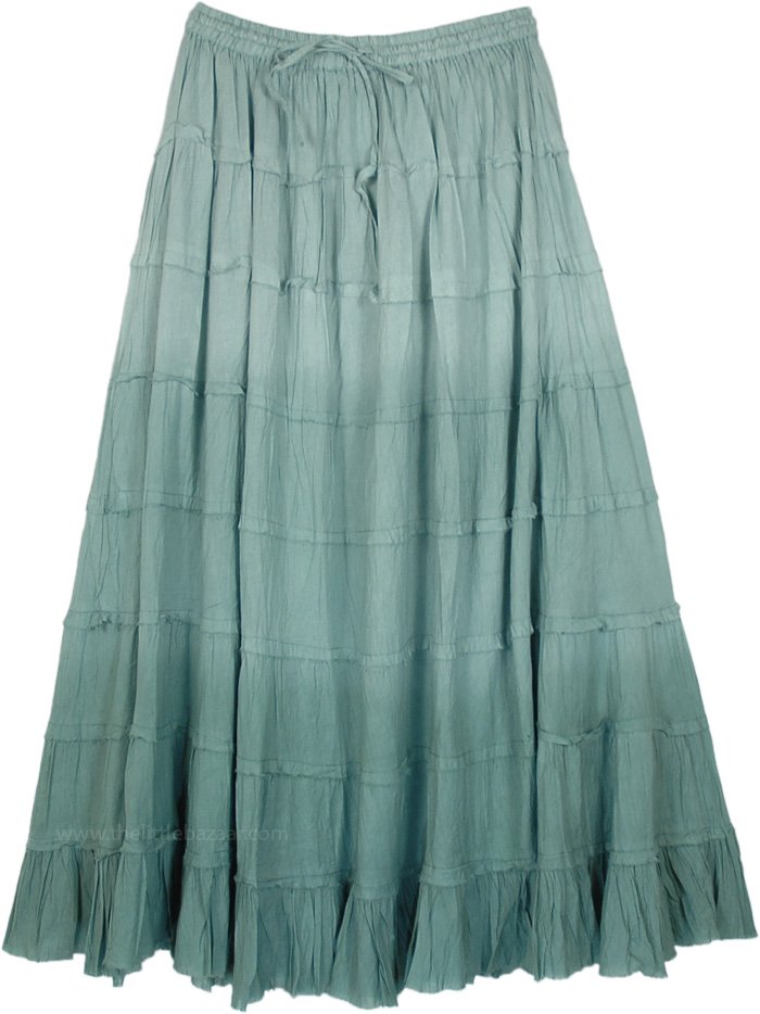 Sage Green Ombre Tiered Cotton Long Skirt