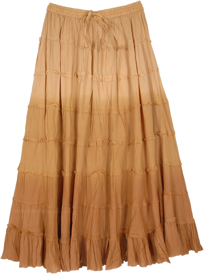 Beige Tiered Full Summer Long Cotton Skirt, Ombre Beige Tiered Cotton Long Skirt