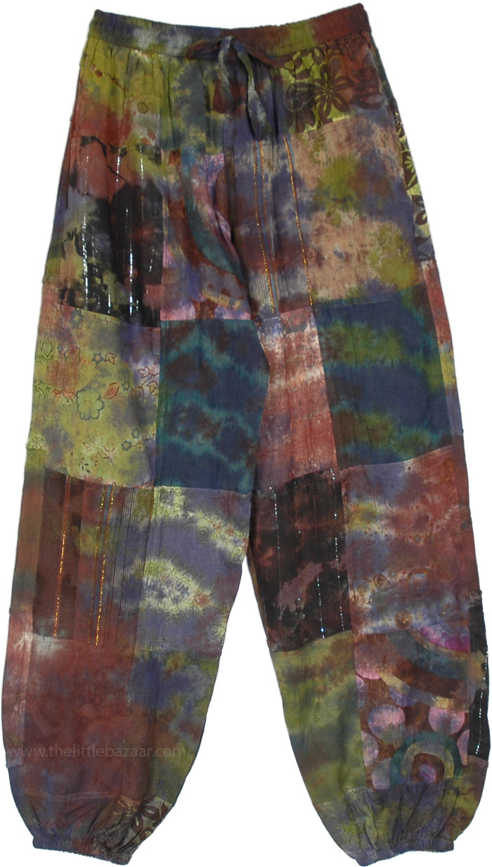 Festive Tie Dye Patchwork Harem Pants with Pockets, Night Fall Magic Patchwork Harem Pants