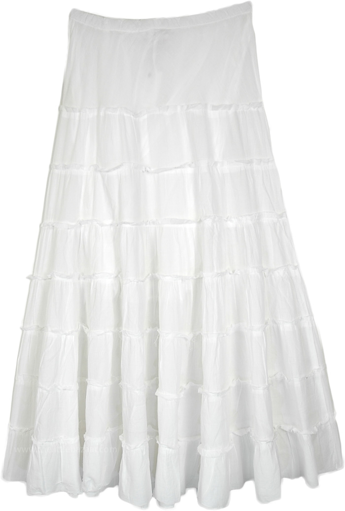 Feminine Summer Fun Long Skirt, Snow White Long Cotton Skirt with Tiers