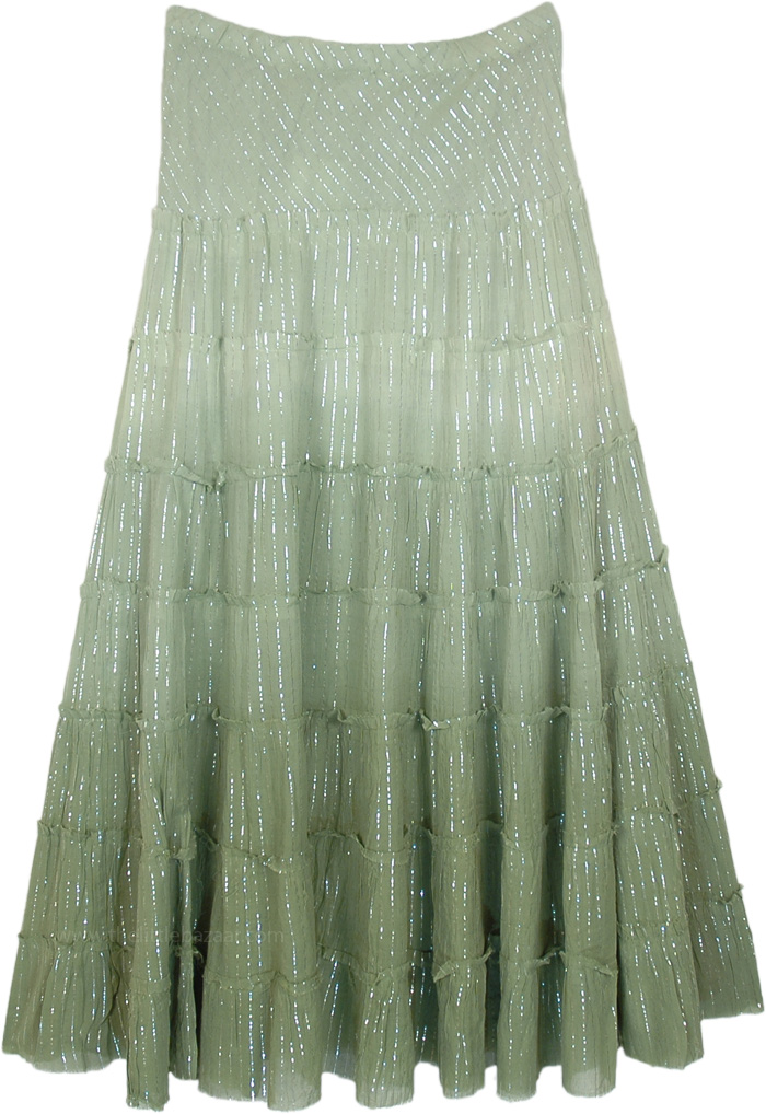 Military Green Lurex Ombre Long Flounce Tiered Skirt