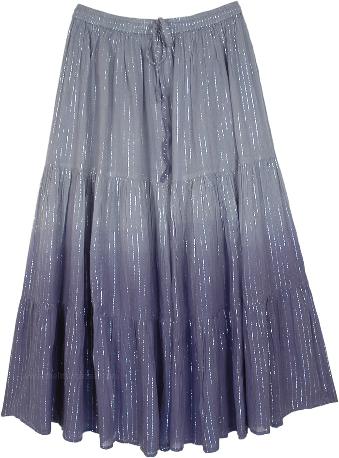 Grey Blue Ombre Lurex Tiered Long Skirt