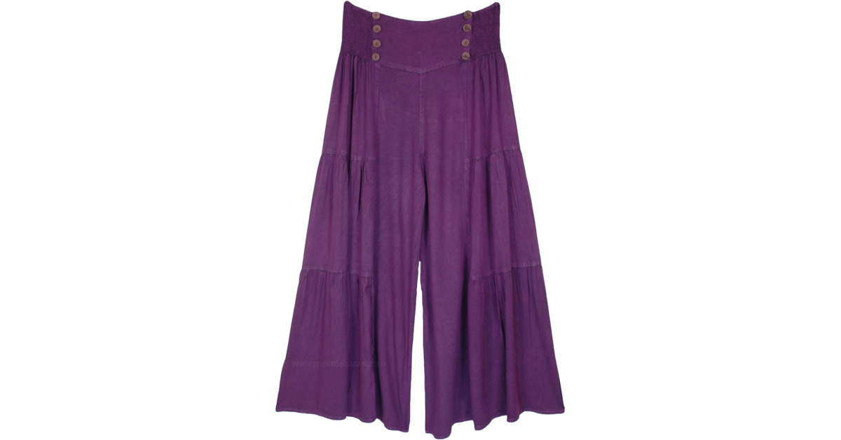 Deep Purple Shirred Waist Button Wide Leg Pants | Purple | Split-Skirts ...