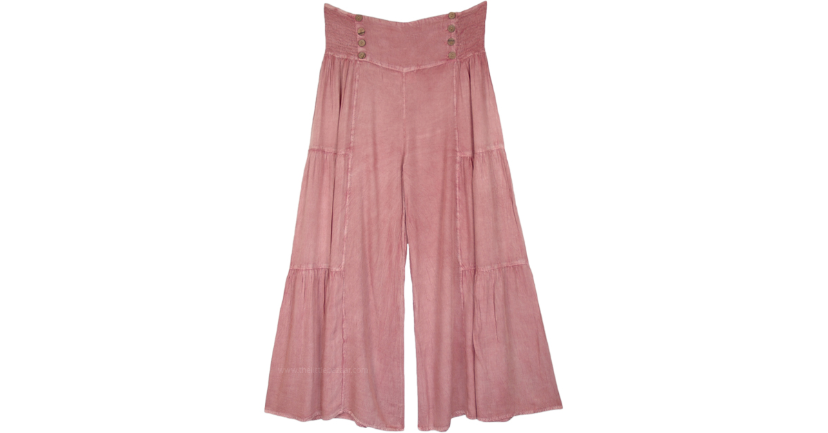Dusky Pink Wide Leg Button Pallazo Pants with Shirred Waist