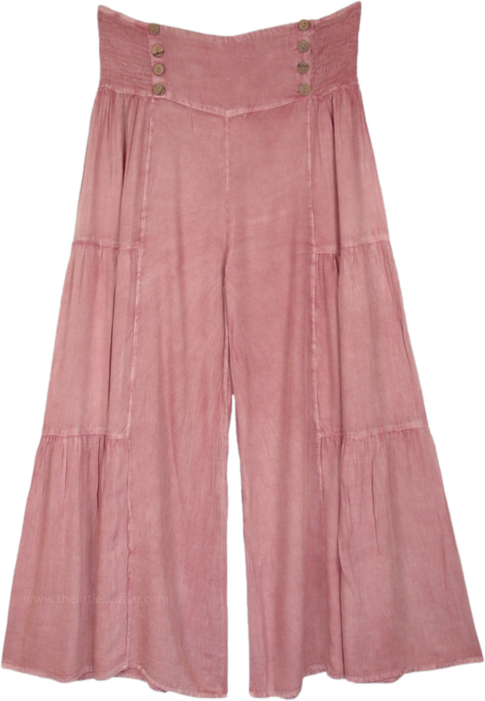 Dusky Pink Wide Leg Button Pallazo Pants with Shirred Waist | Pink ...