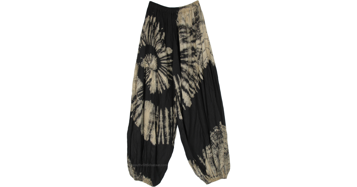 Ebony and Ivory Tie Dye Swirl Pattern Harem Trousers | Black