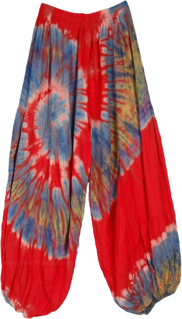 Hippie Beach Pants in Red with Tie Dye Swirl, Swirly Red Velvet Tie Dye Hippie Harem Pants
