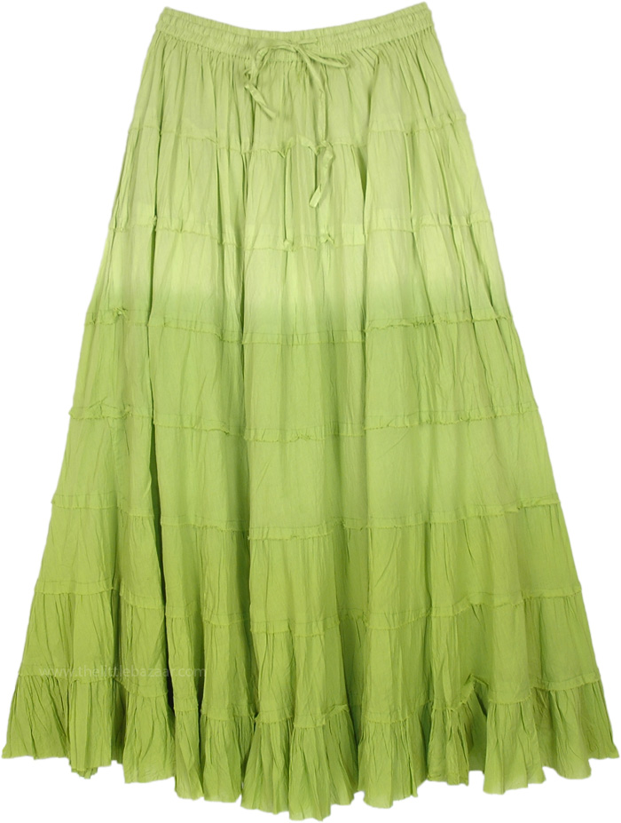 Lime Green Tiered Full Summer Long Cotton Skirt, Lime Green Ombre Tiered Cotton Long Skirt