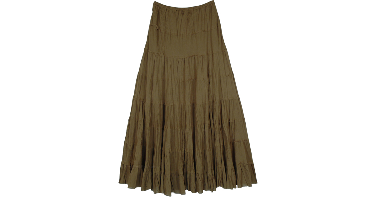 Earthy Green Crinkled Cotton Long Skirt | Green | Crinkle, Tiered-Skirt ...