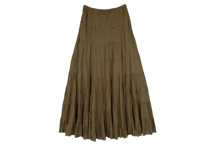 Traditional Tiered Green Brown Skirt in Pure Cotton, Earthy Green Crinkled Cotton Long Skirt