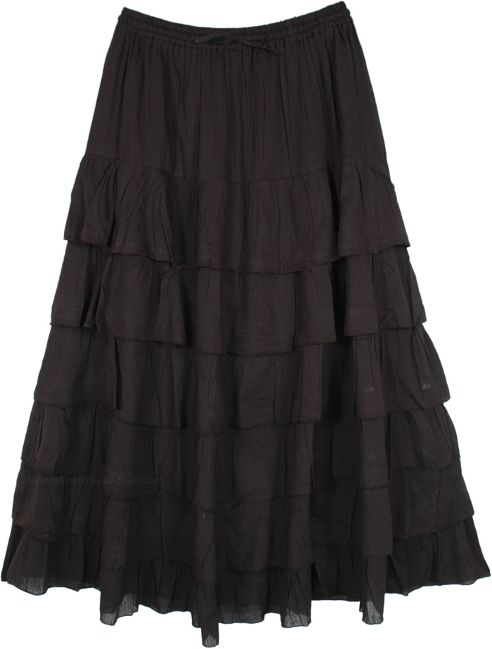 Black Tiered Cotton Summer Skirt with Crinkled Texture, Dark Flow Ruffled Cotton Maxi Skirt in Black
