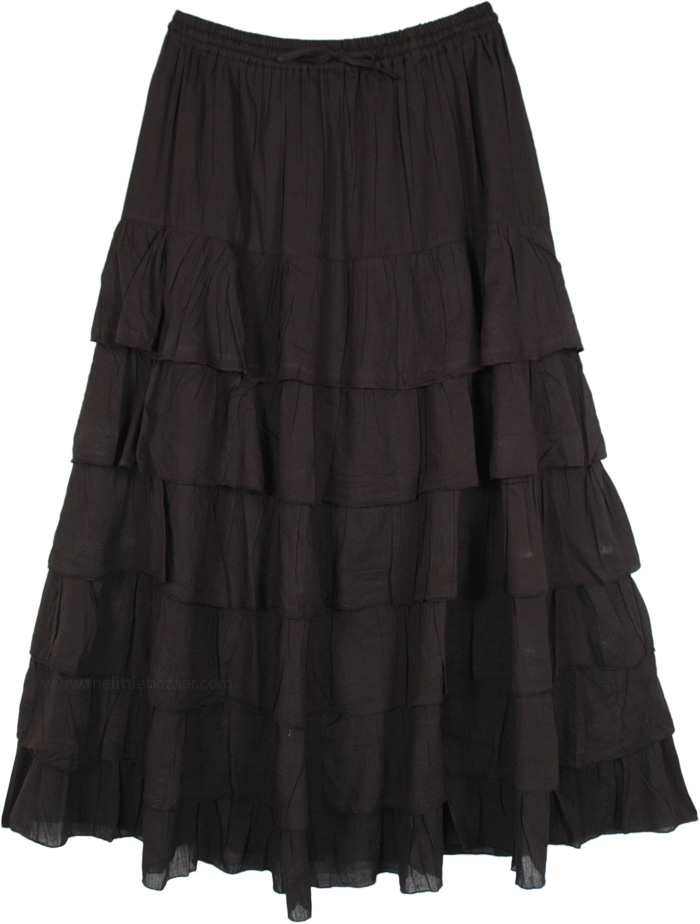 Dark Flow Ruffled Cotton Maxi Skirt in Black | Black | Crinkle, Tiered ...